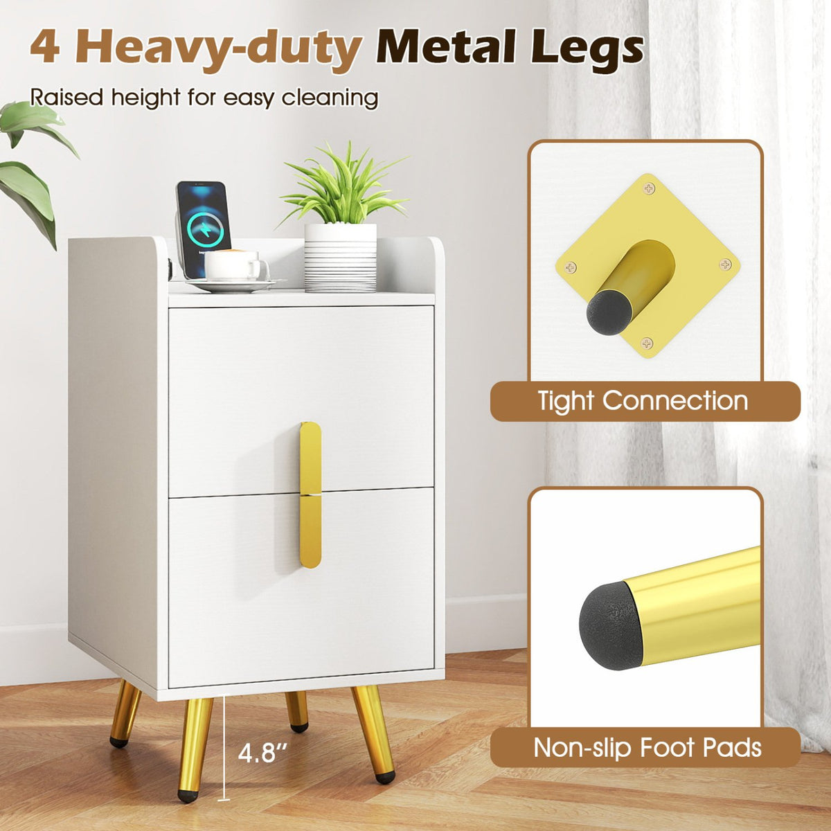 Nightstand Side Tables with 2 Drawers and 2 USB Ports-White view 9