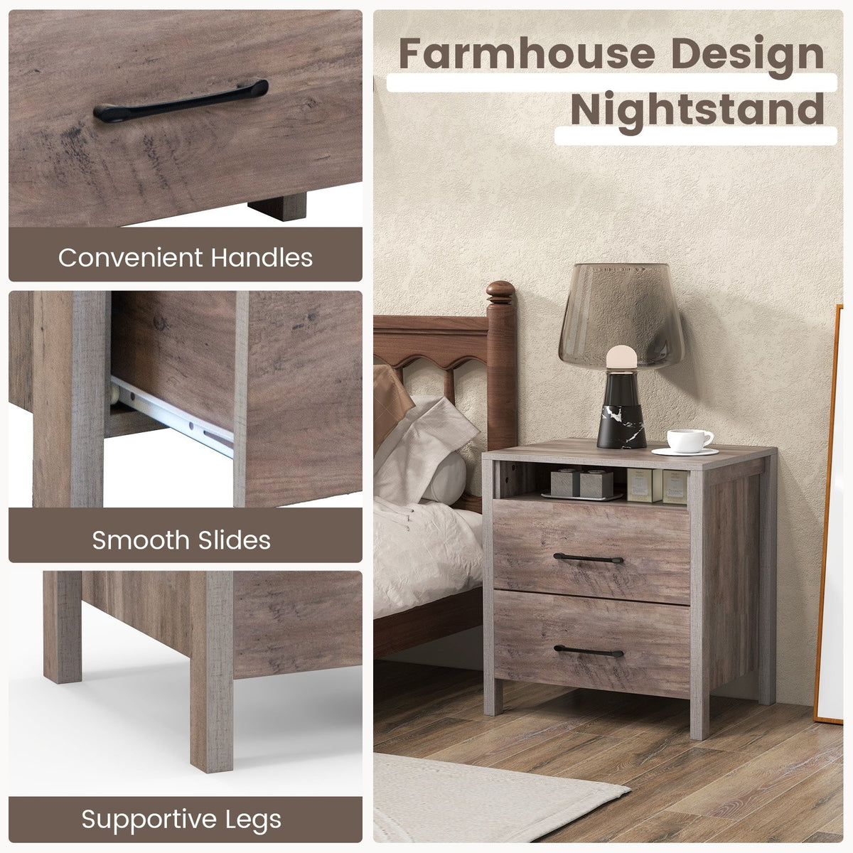 Nightstand with 2 Drawers Farmhouse Bed Side Table with Open Storage Shelf-Grey view 9