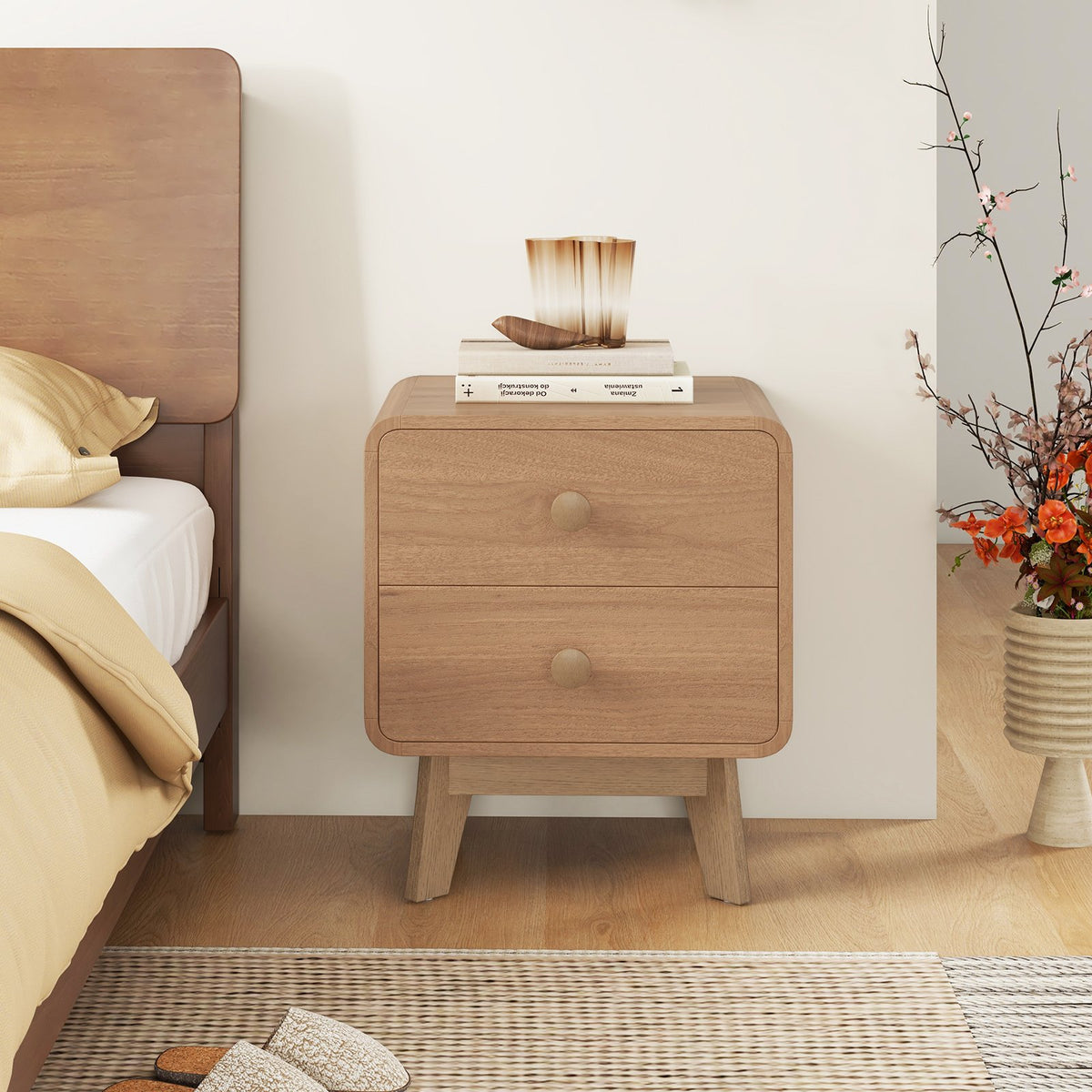 Nightstand with 2 Drawers Solid Rubber Wood Legs-Brown view 2