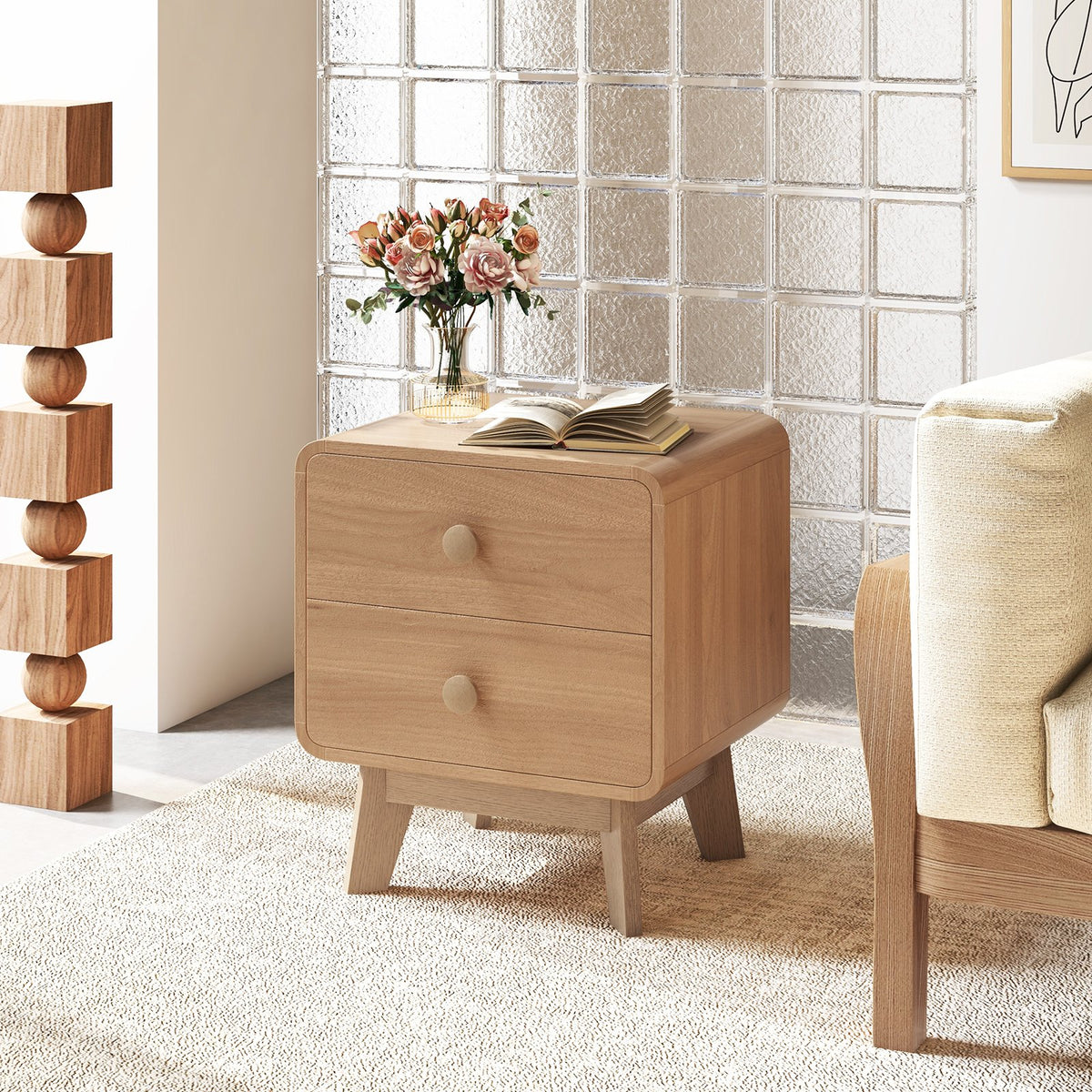 Nightstand with 2 Drawers Solid Rubber Wood Legs-Brown view 3