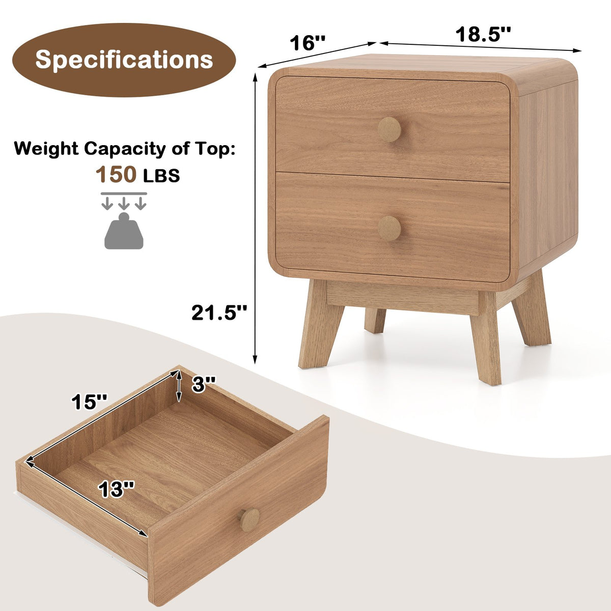 Nightstand with 2 Drawers Solid Rubber Wood Legs-Brown view 5