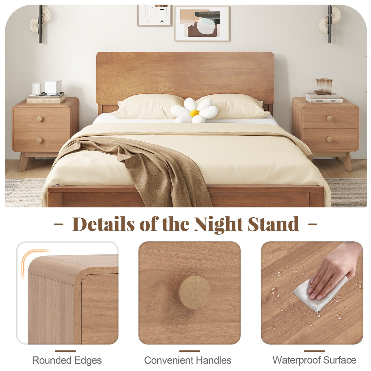 Nightstand with 2 Drawers Solid Rubber Wood Legs-Brown view 7