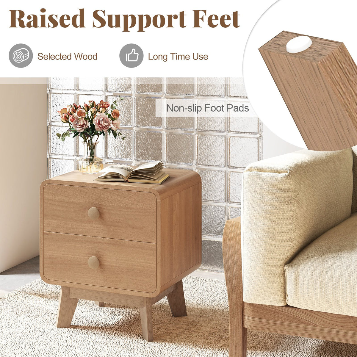 Nightstand with 2 Drawers Solid Rubber Wood Legs-Brown view 9