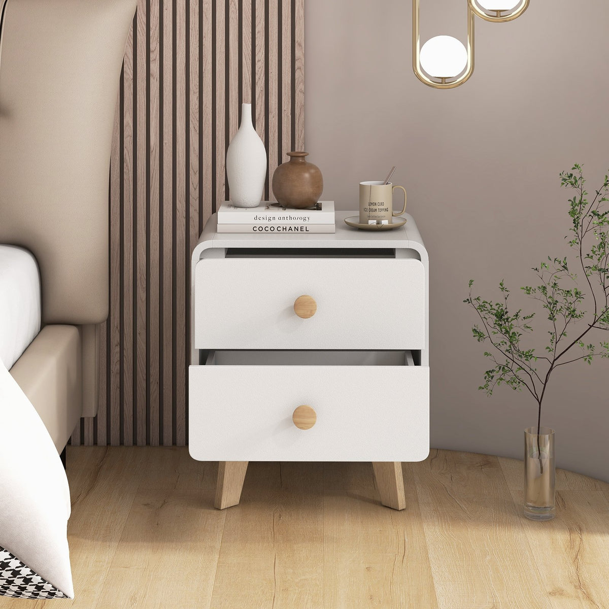 Nightstand with 2 Drawers Solid Rubber Wood Legs-White view 2