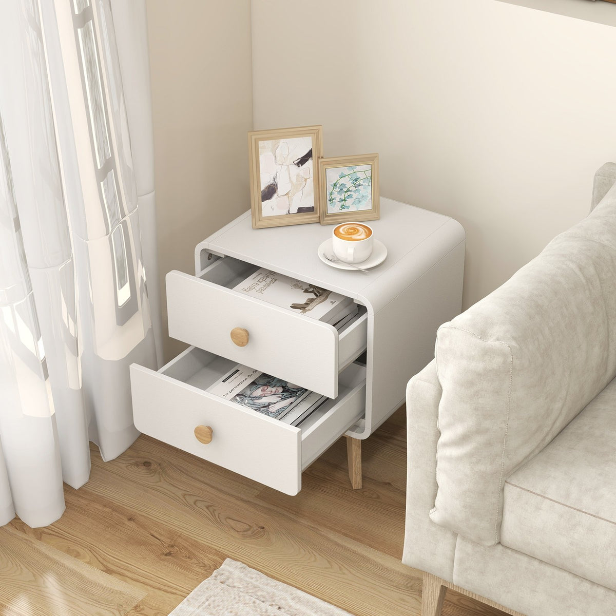 Nightstand with 2 Drawers Solid Rubber Wood Legs-White view 3