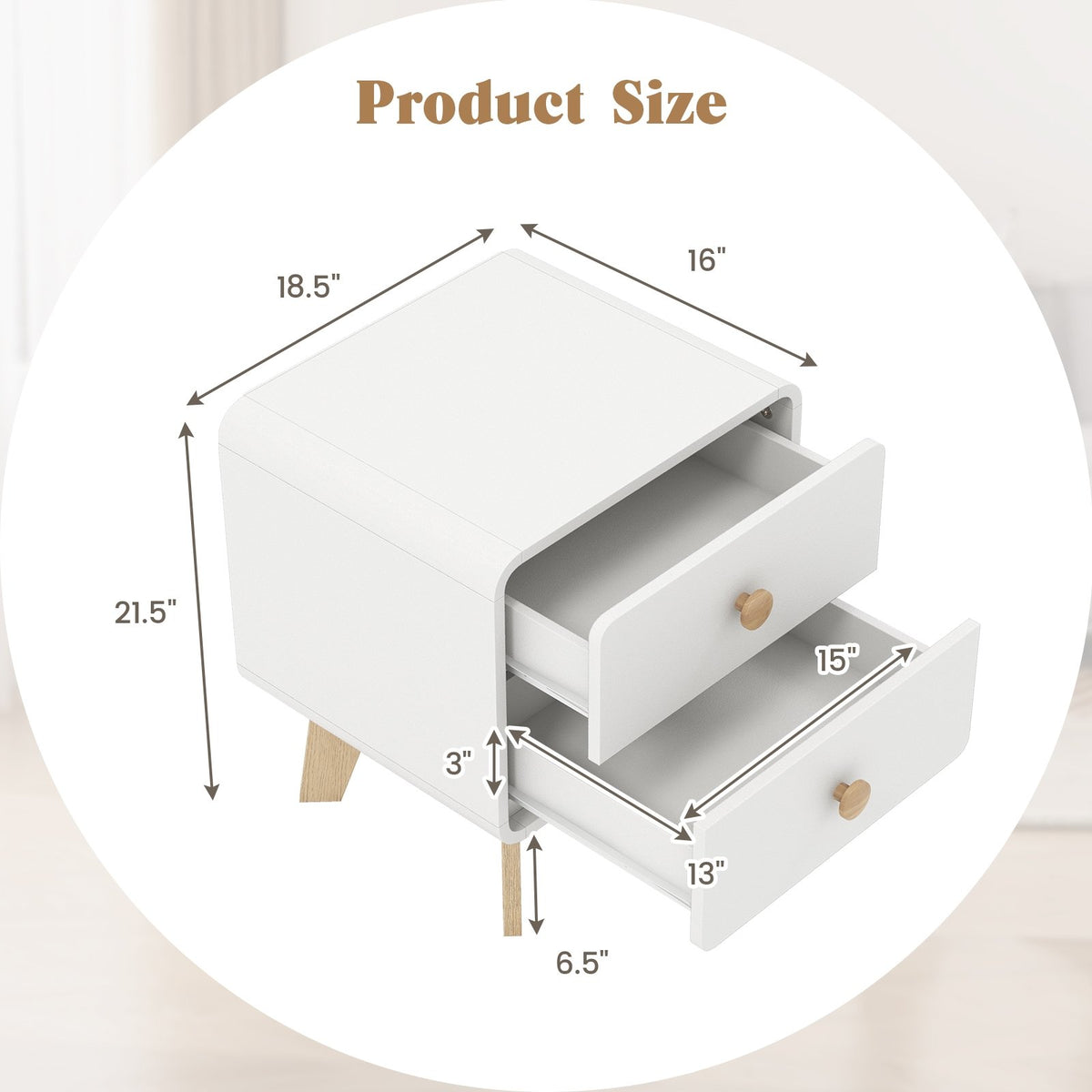 Nightstand with 2 Drawers Solid Rubber Wood Legs-White view 5