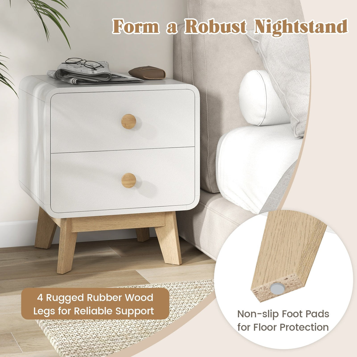Nightstand with 2 Drawers Solid Rubber Wood Legs-White view 7