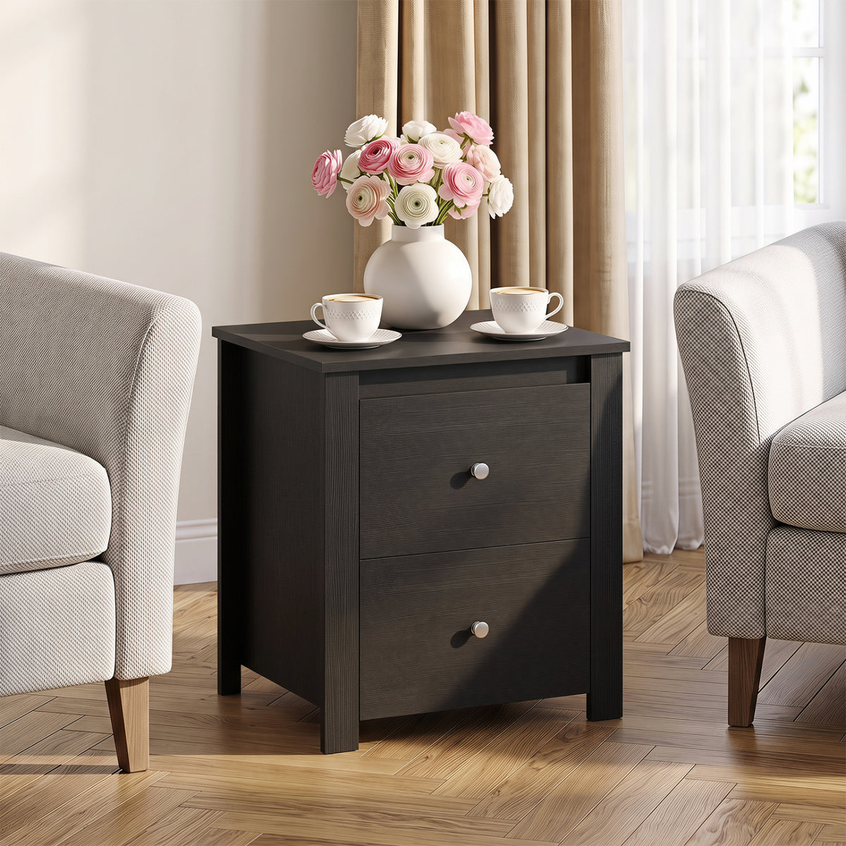 Nightstand with 2 Drawers & Storage for Bedroom Living Room Small Spaces-Black view 2