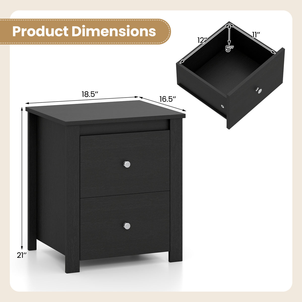 Nightstand with 2 Drawers & Storage for Bedroom Living Room Small Spaces-Black view 5