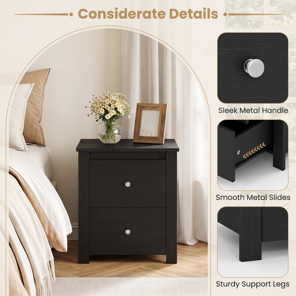 Nightstand with 2 Drawers & Storage for Bedroom Living Room Small Spaces-Black view 6