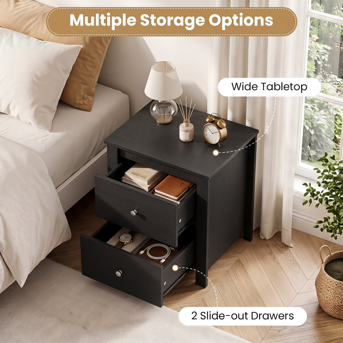 Nightstand with 2 Drawers & Storage for Bedroom Living Room Small Spaces-Black view 8