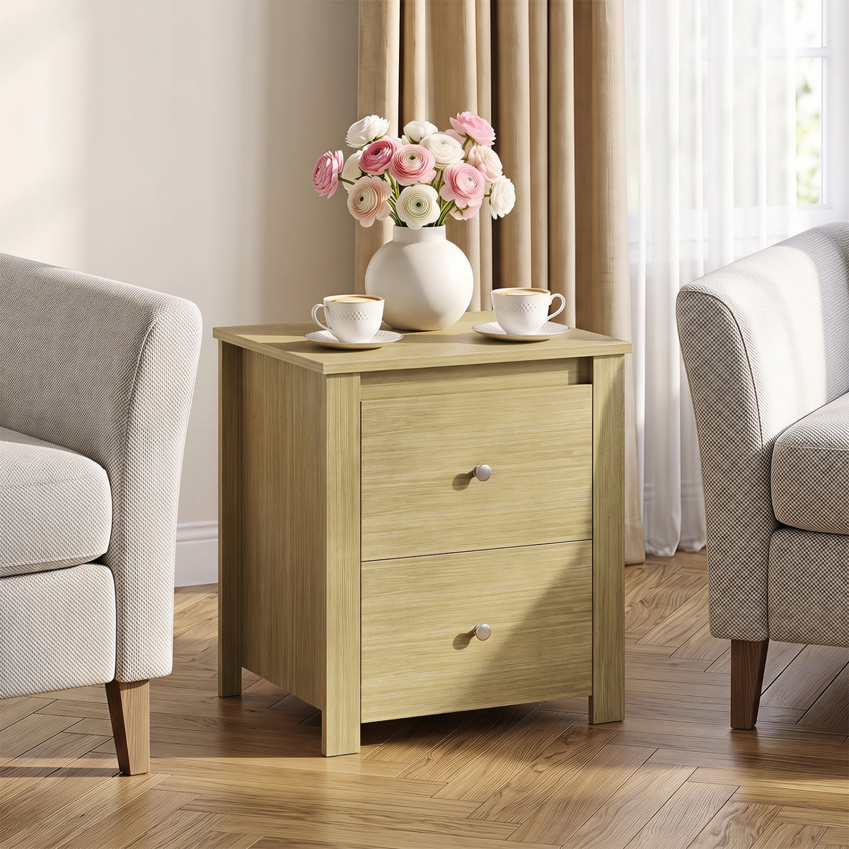 Nightstand with 2 Drawers & Storage for Bedroom Living Room Small Spaces-Natural view 2