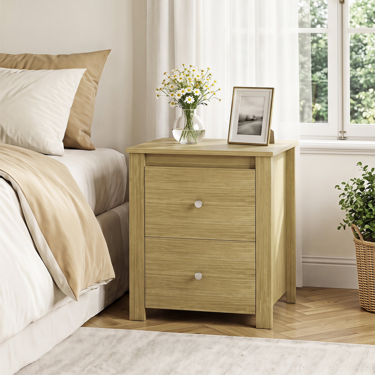 Nightstand with 2 Drawers & Storage for Bedroom Living Room Small Spaces-Natural view 3