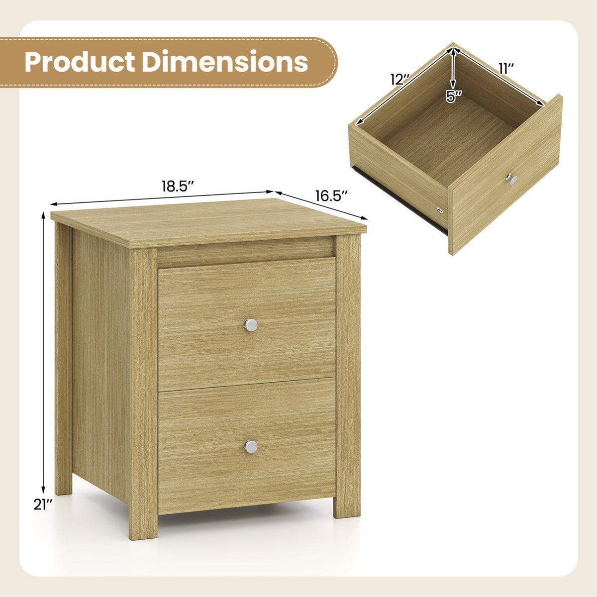 Nightstand with 2 Drawers & Storage for Bedroom Living Room Small Spaces-Natural view 5