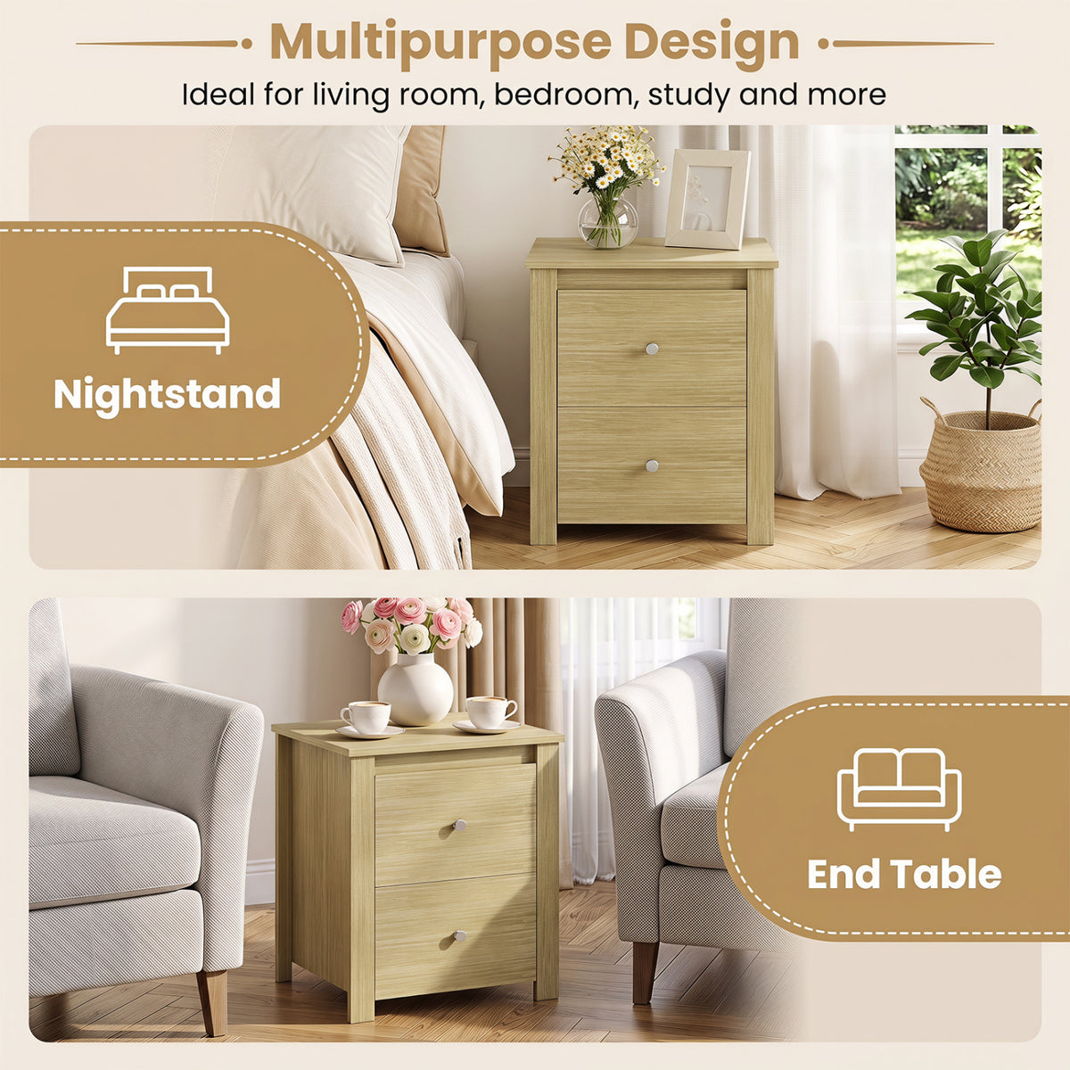 Nightstand with 2 Drawers & Storage for Bedroom Living Room Small Spaces-Natural view 7