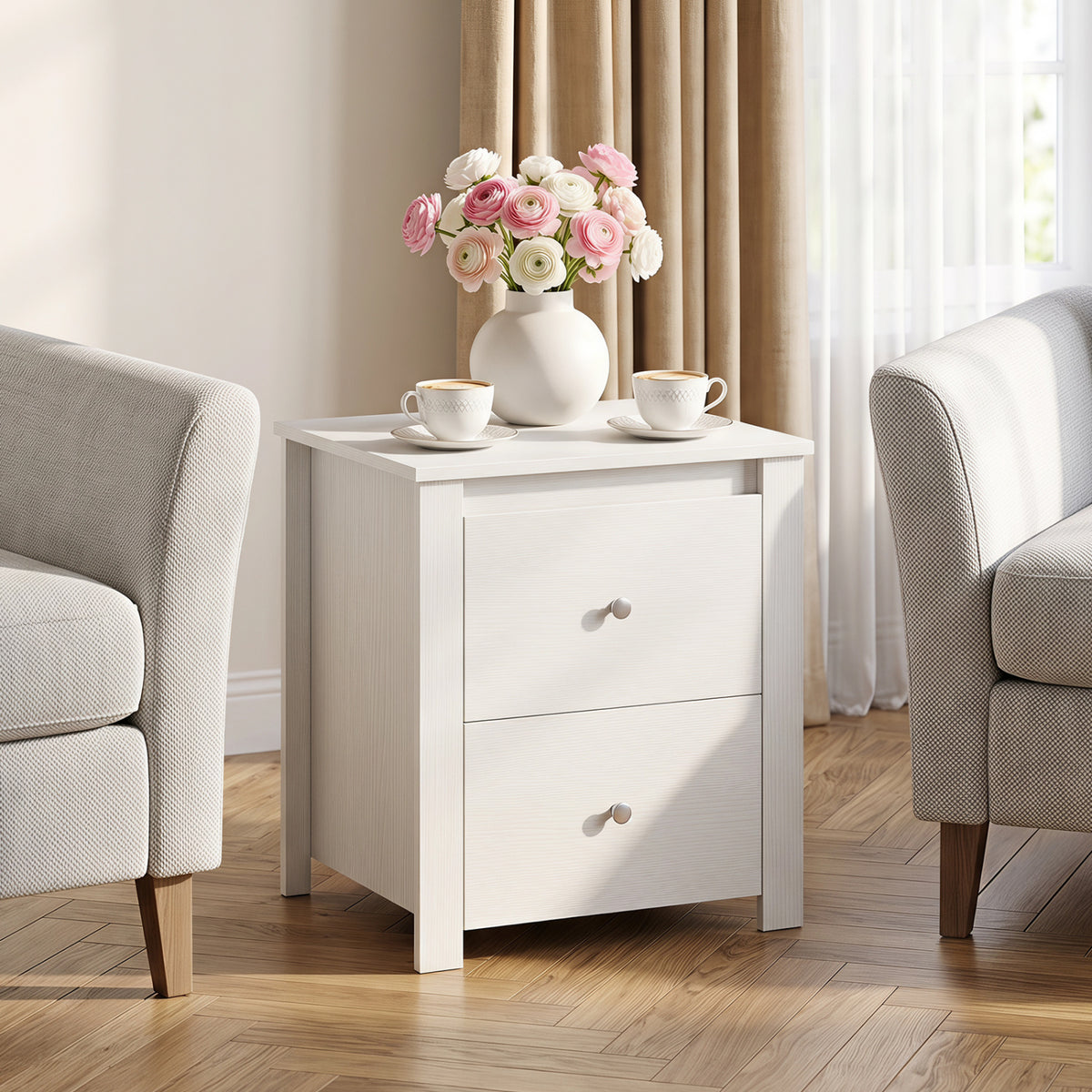 Nightstand with 2 Drawers & Storage for Bedroom Living Room Small Spaces-White view 2