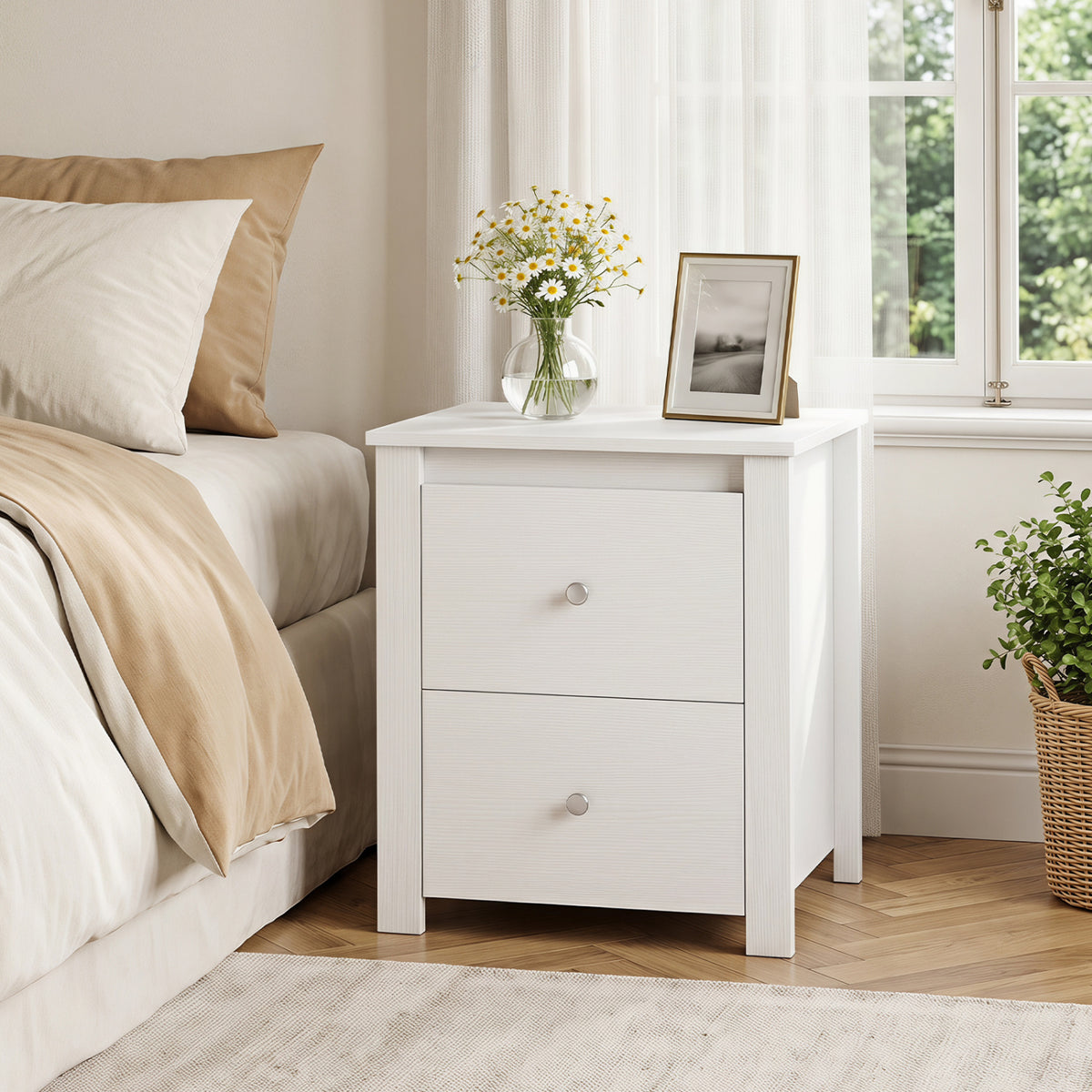 Nightstand with 2 Drawers & Storage for Bedroom Living Room Small Spaces-White view 3
