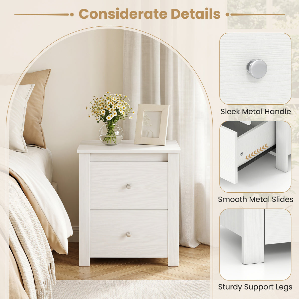 Nightstand with 2 Drawers & Storage for Bedroom Living Room Small Spaces-White view 6