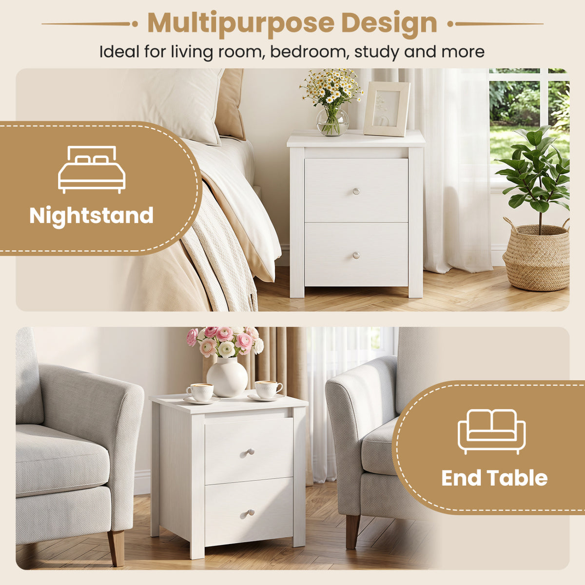 Nightstand with 2 Drawers & Storage for Bedroom Living Room Small Spaces-White view 7