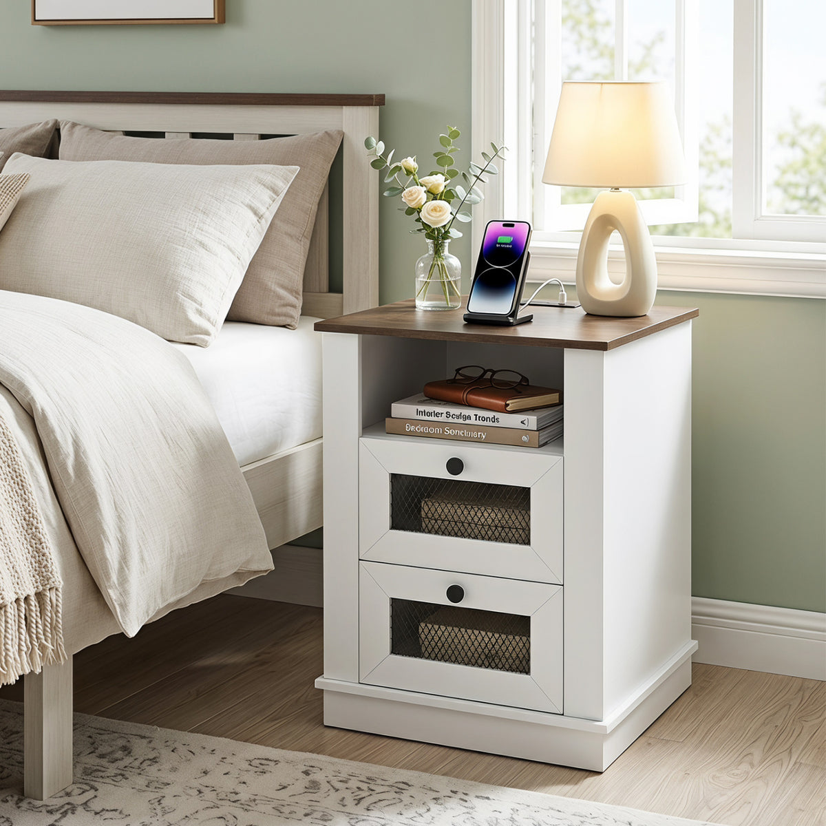 Nightstand with Charging Station and 2 Drawers Storage Compartment for Bedroom-Rustic Brown view 2
