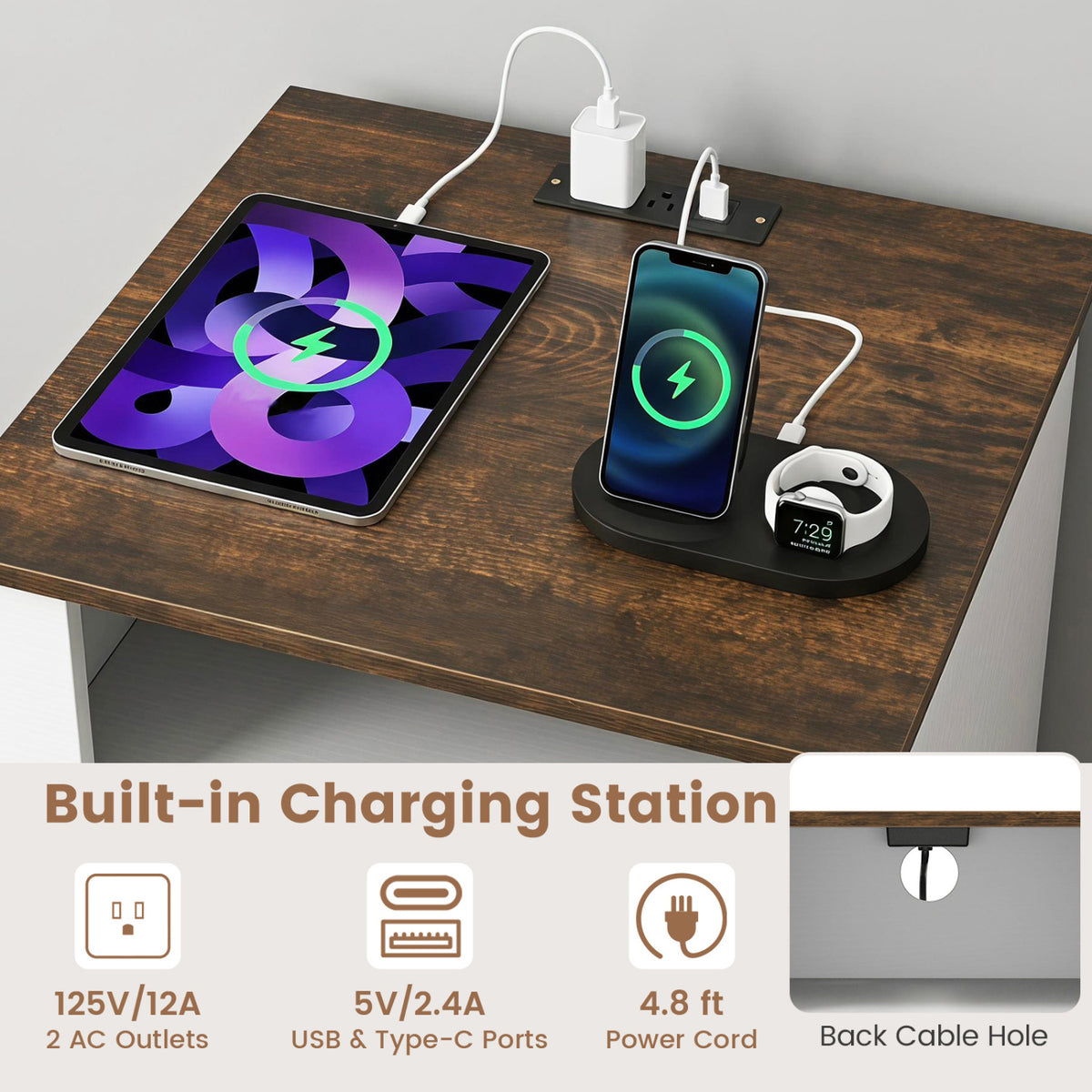 Nightstand with Charging Station and 2 Drawers Storage Compartment for Bedroom-Rustic Brown view 7