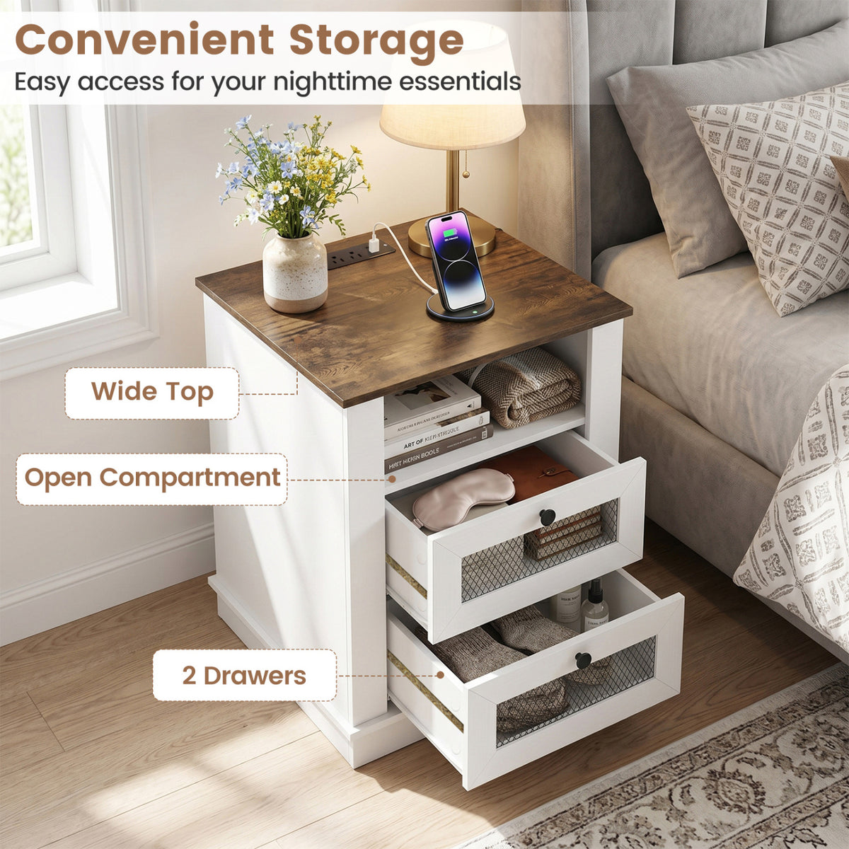 Nightstand with Charging Station and 2 Drawers Storage Compartment for Bedroom-Rustic Brown view 8
