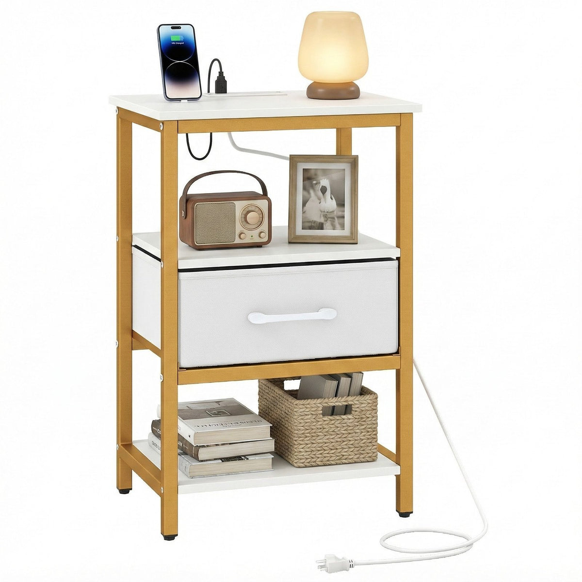 Nightstand with Charging Station and Adjustable Fabric Drawer for Bedroom and Living Room-1 Piece view 4