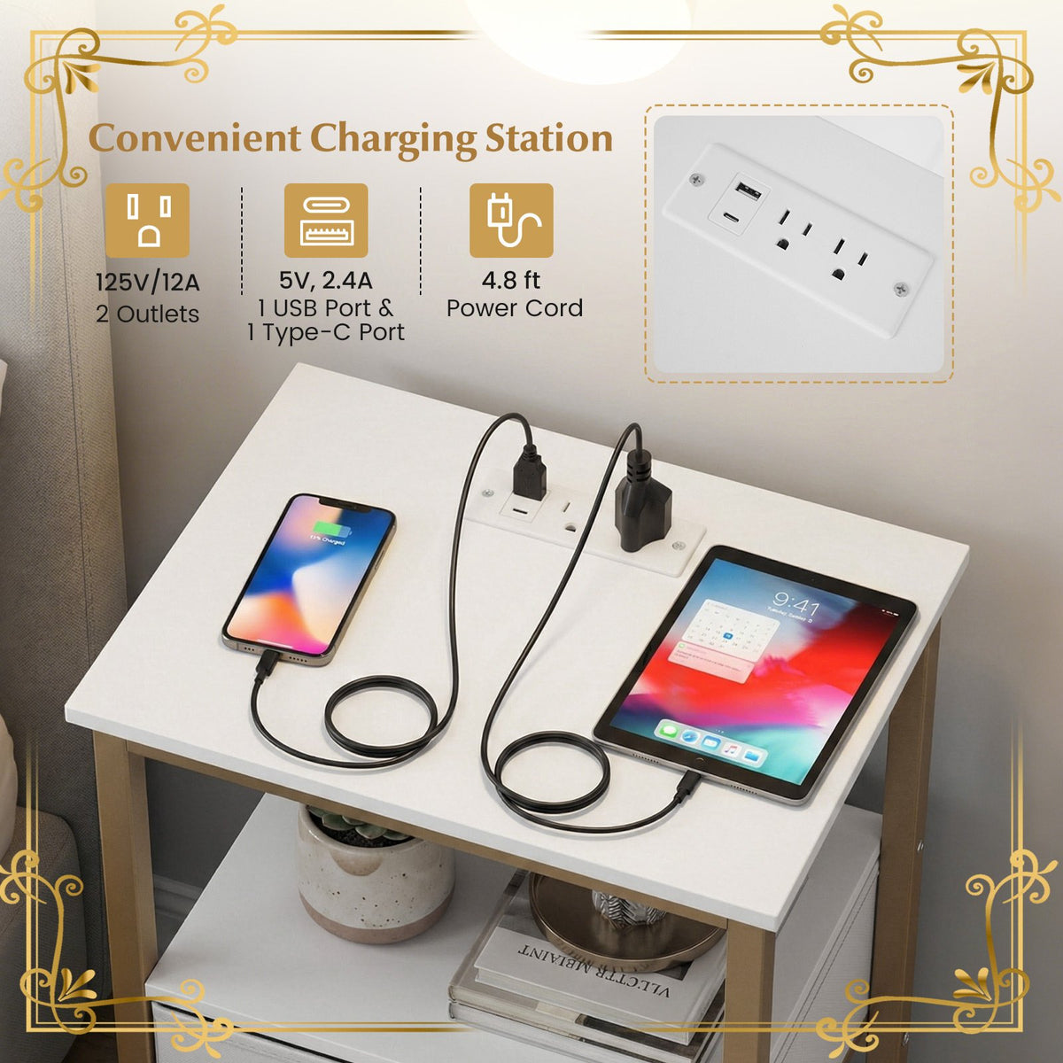 Nightstand with Charging Station and Adjustable Fabric Drawer for Bedroom and Living Room-1 Piece view 6