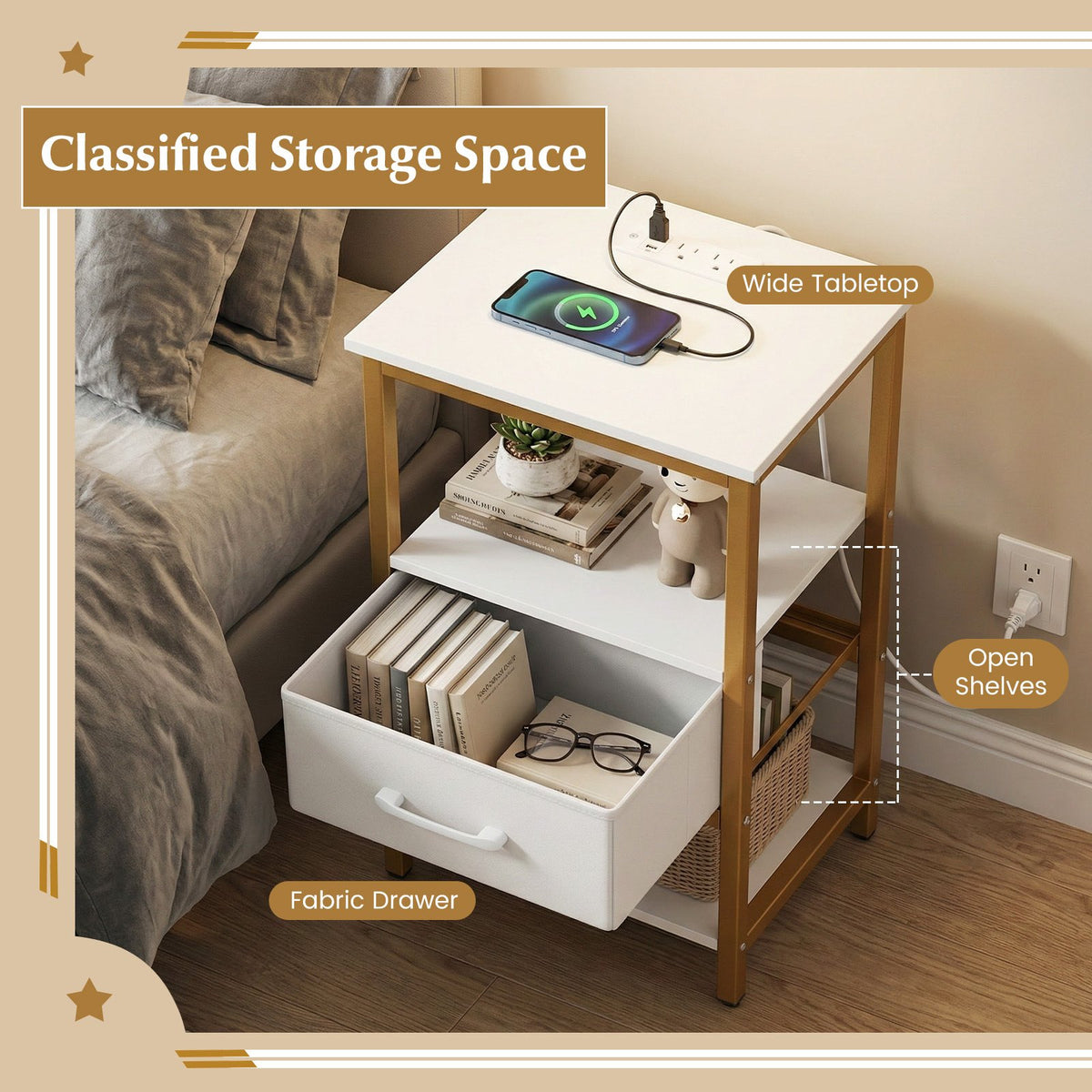 Nightstand with Charging Station and Adjustable Fabric Drawer for Bedroom and Living Room-1 Piece view 7