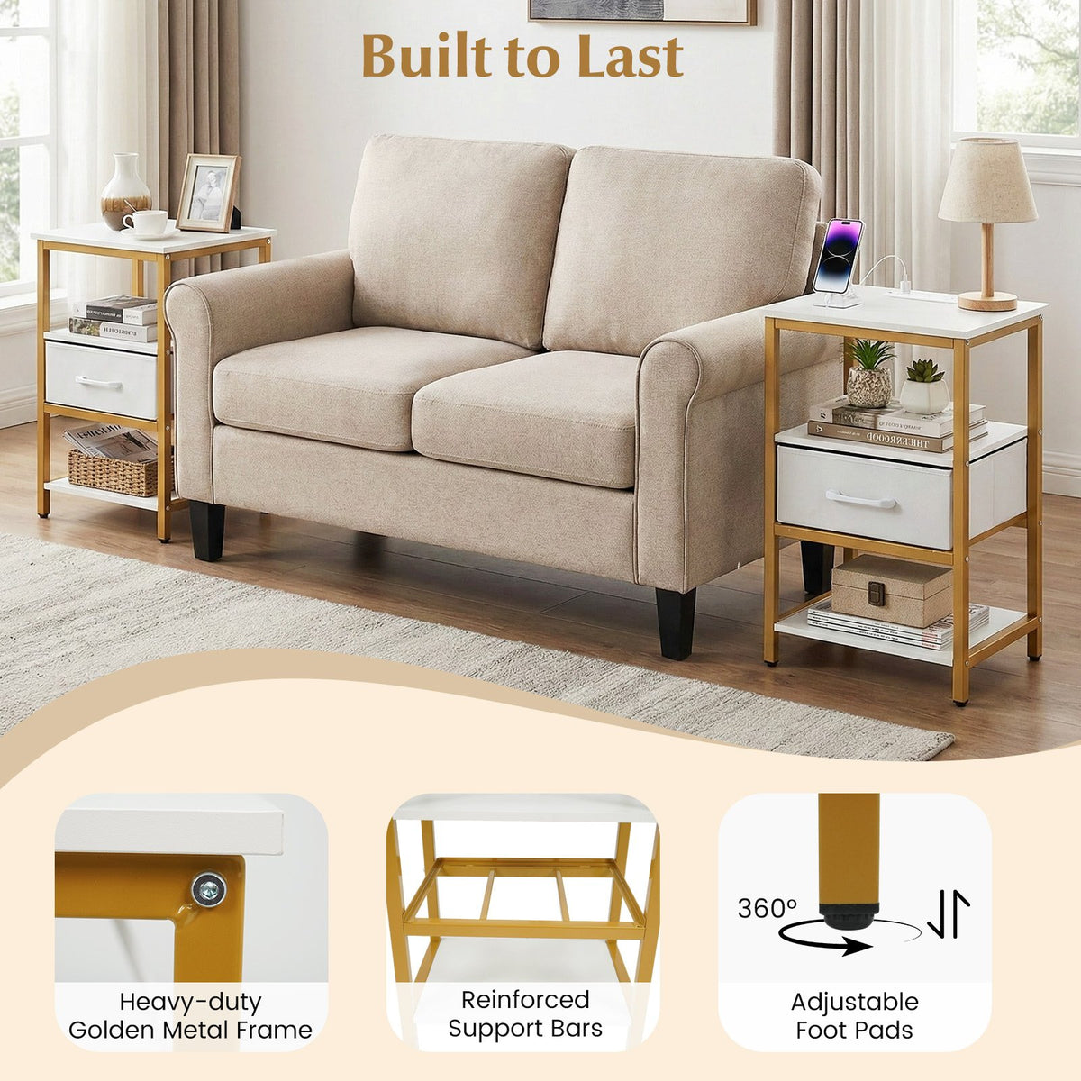 Nightstand with Charging Station and Adjustable Fabric Drawer for Bedroom and Living Room-1 Piece view 8