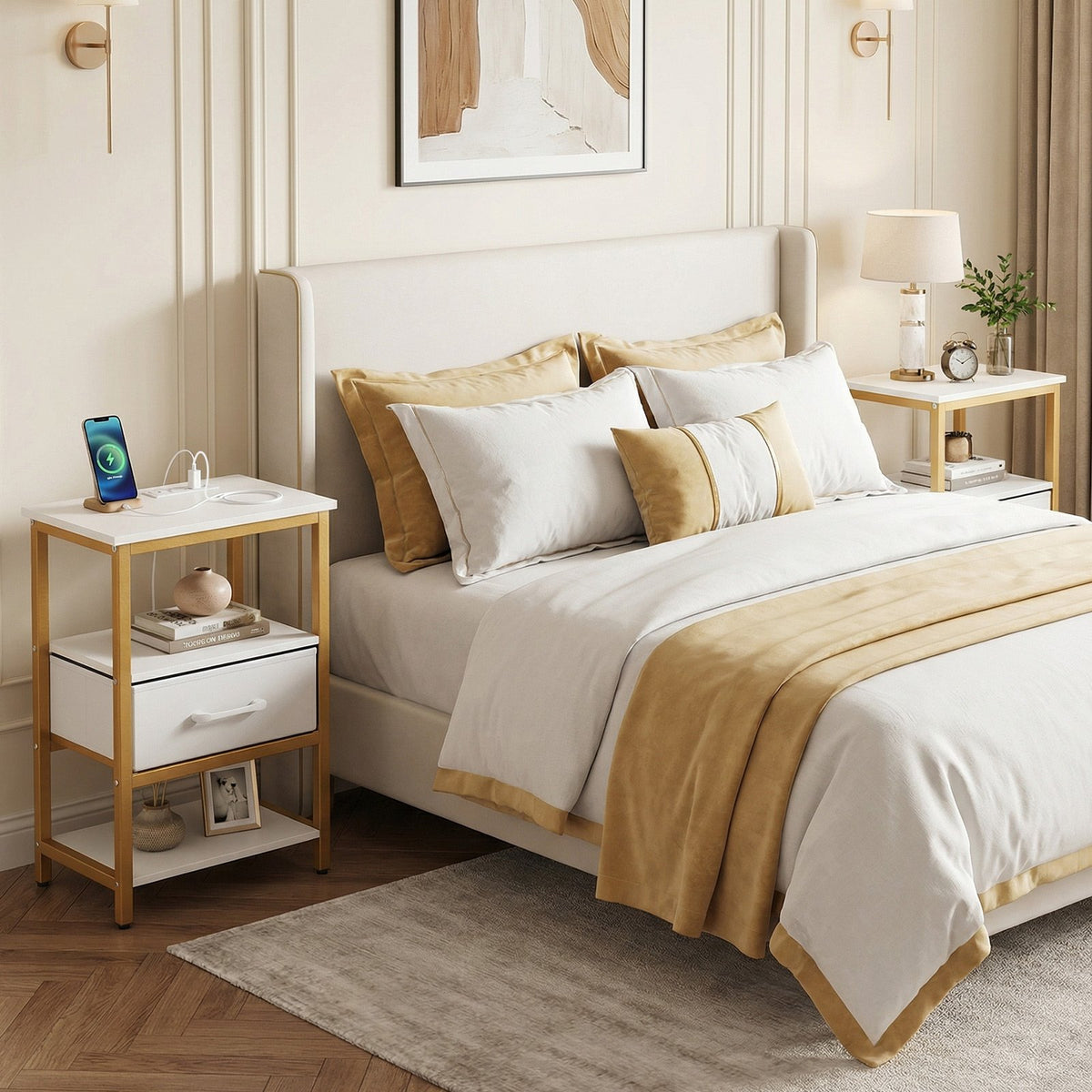 Nightstand with Charging Station and Adjustable Fabric Drawer for Bedroom and Living Room-Set of 2 view 3