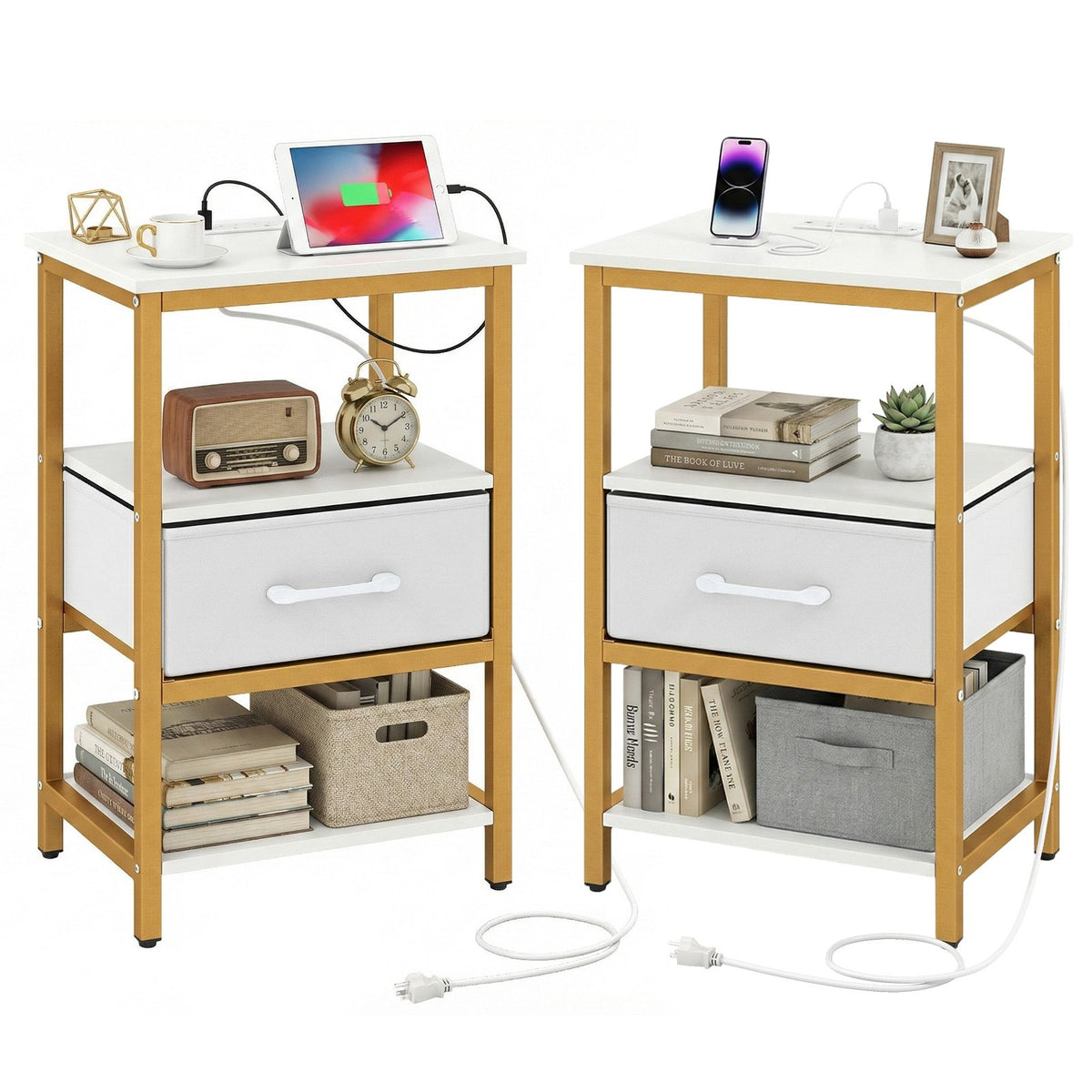 Nightstand with Charging Station and Adjustable Fabric Drawer for Bedroom and Living Room-Set of 2 view 4