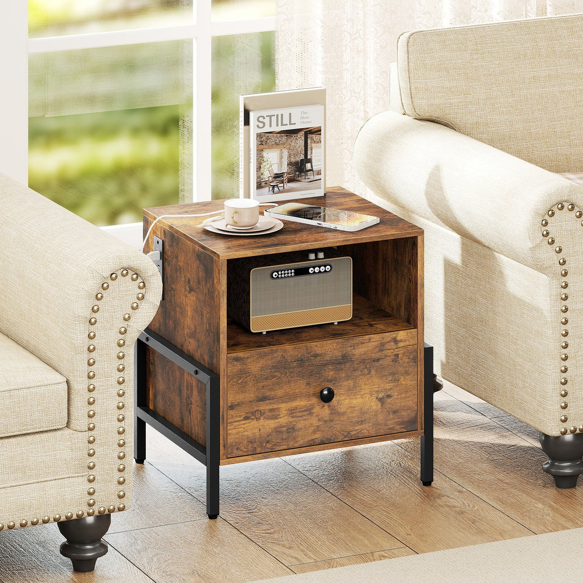 Nightstand with Charging Station and Drawer Sofa Side Table-Rustic Brown view 2