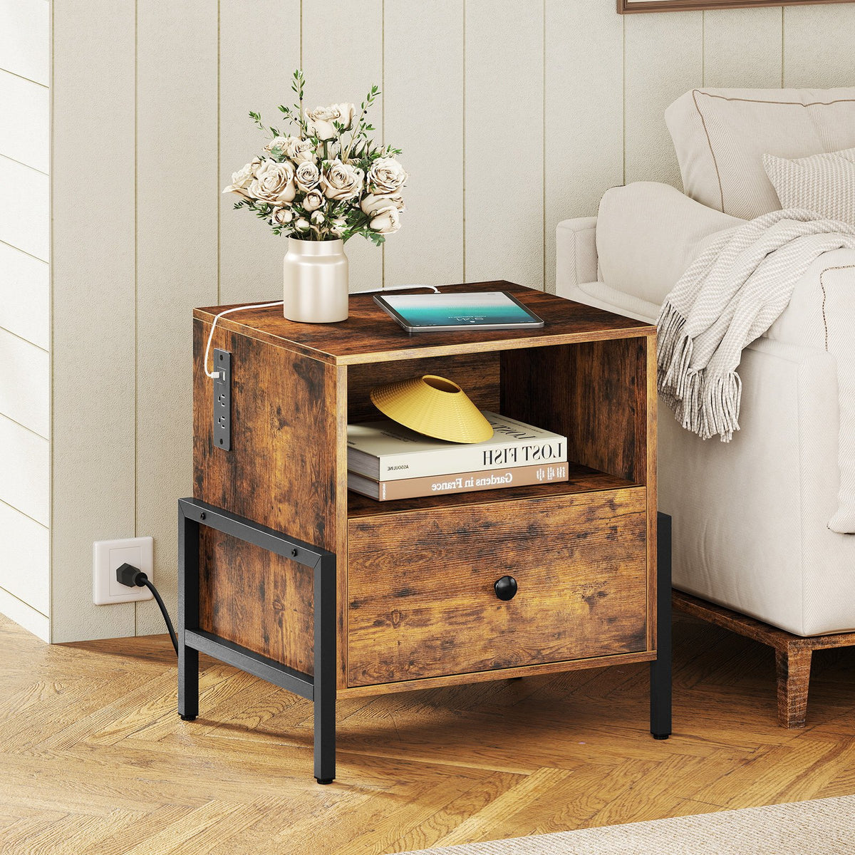 Nightstand with Charging Station and Drawer Sofa Side Table-Rustic Brown view 3