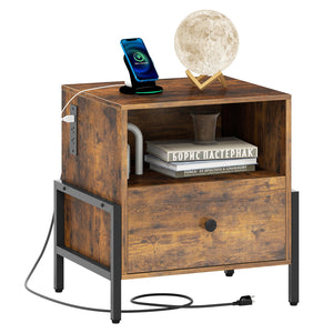 Nightstand with Charging Station and Drawer Sofa Side Table-Rustic Brown view 4