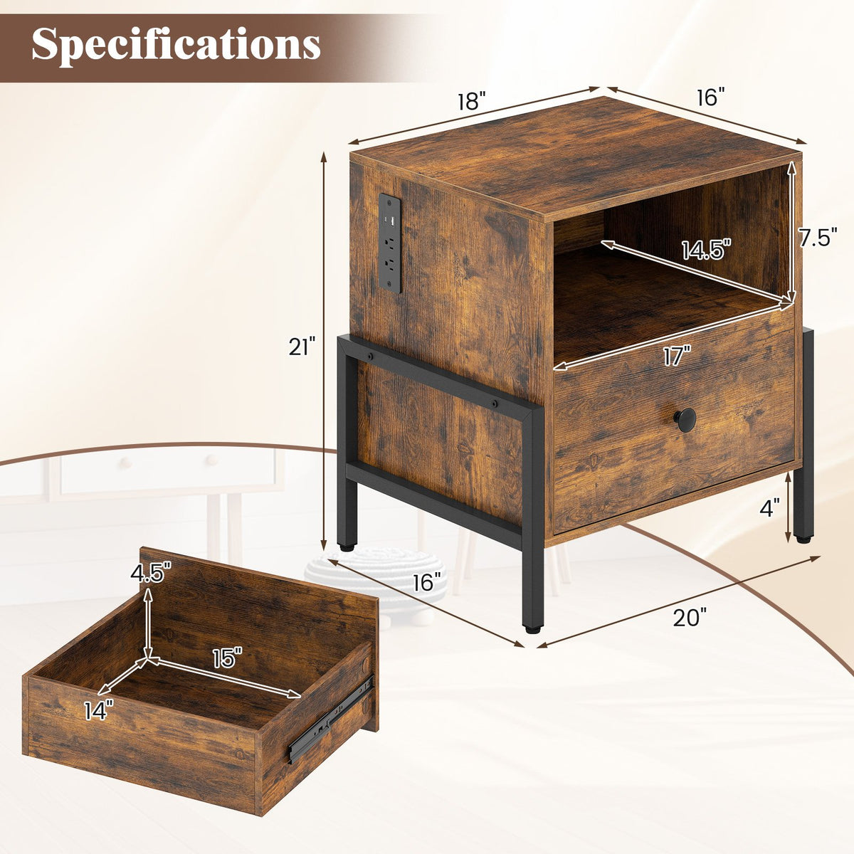 Nightstand with Charging Station and Drawer Sofa Side Table-Rustic Brown view 5