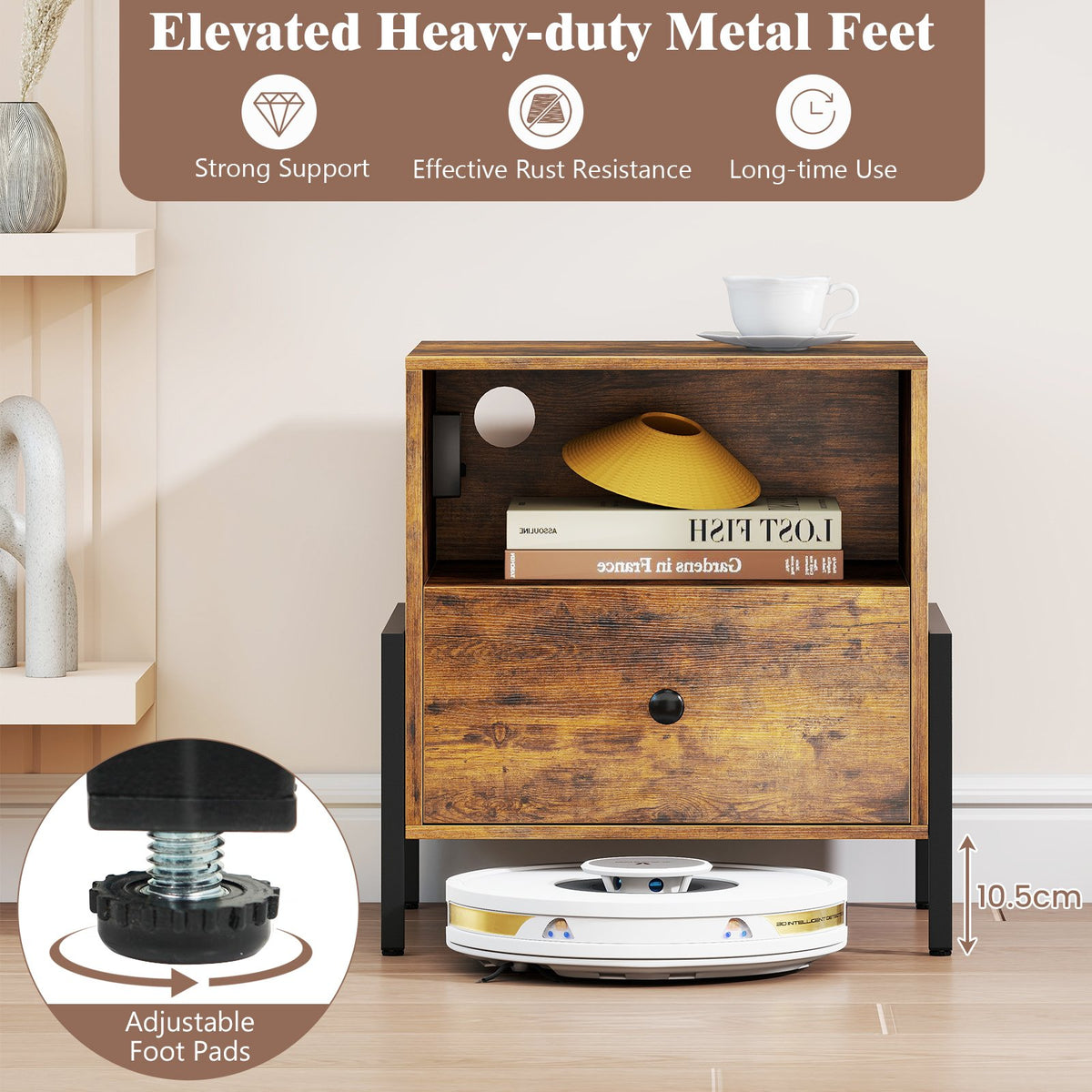 Nightstand with Charging Station and Drawer Sofa Side Table-Rustic Brown view 6