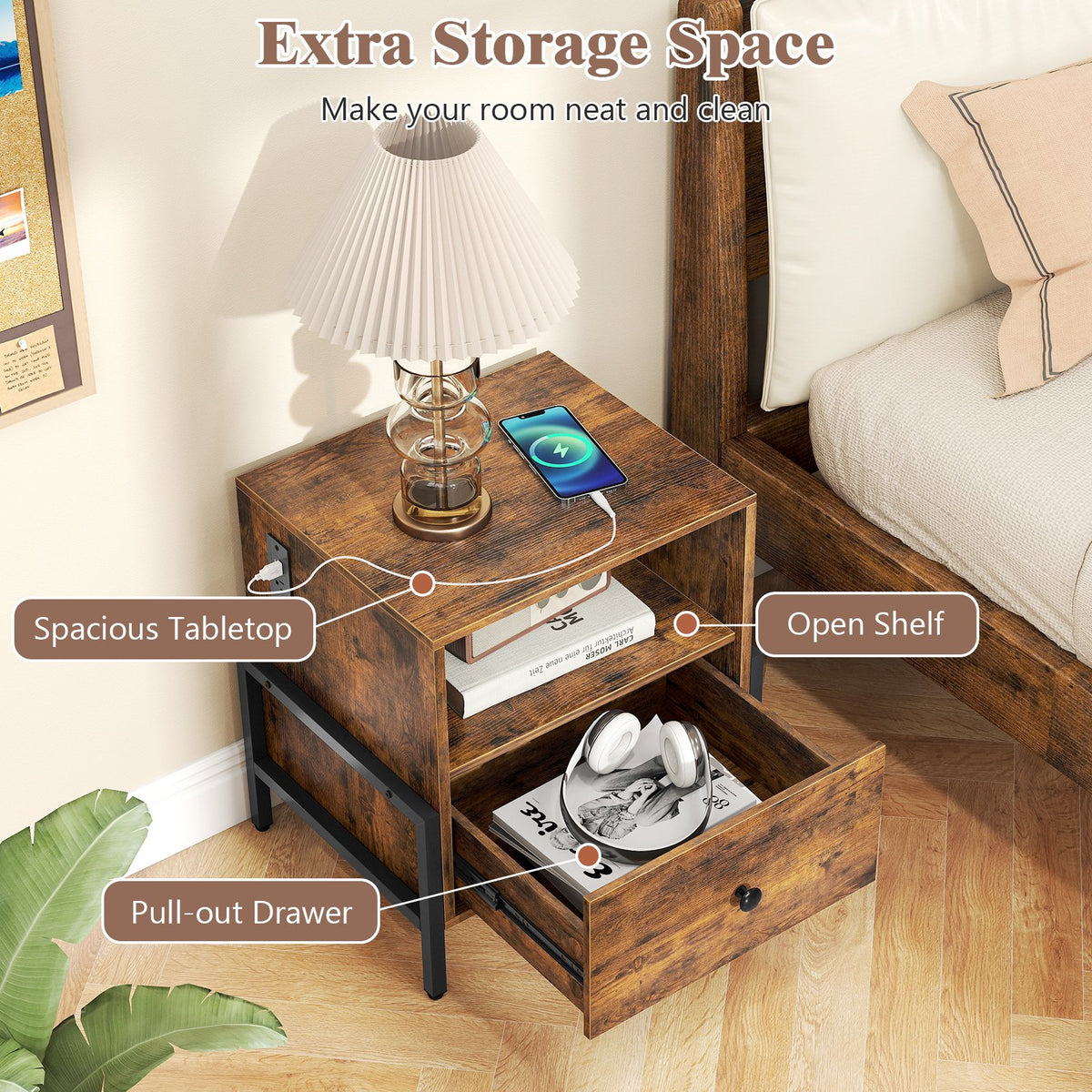 Nightstand with Charging Station and Drawer Sofa Side Table-Rustic Brown view 7