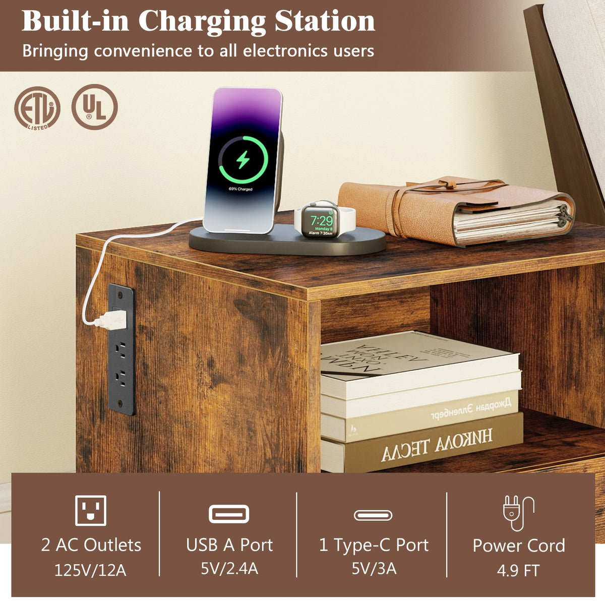 Nightstand with Charging Station and Drawer Sofa Side Table-Rustic Brown view 8