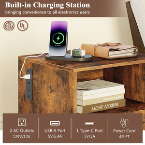 Nightstand with Charging Station and Drawer Sofa Side Table-Rustic Brown view 8