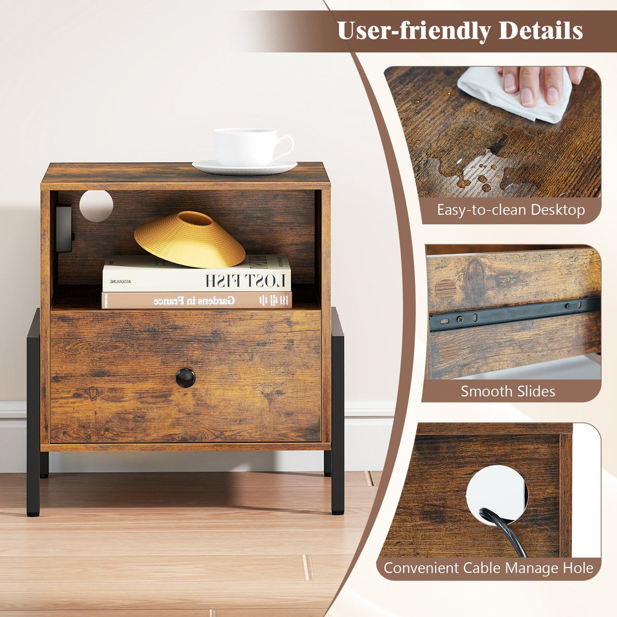 Nightstand with Charging Station and Drawer Sofa Side Table-Rustic Brown view 9