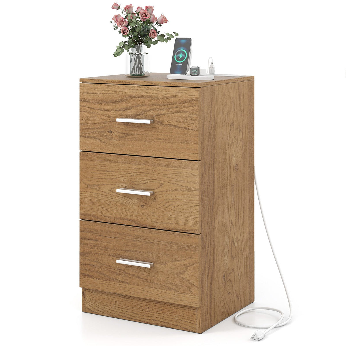 Nightstand with Charging Station End Table with 3 Storage Drawers Bedside Table for Bedroom-Natural