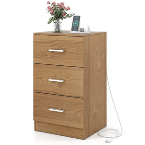 Nightstand with Charging Station End Table with 3 Storage Drawers Bedside Table for Bedroom-Natural