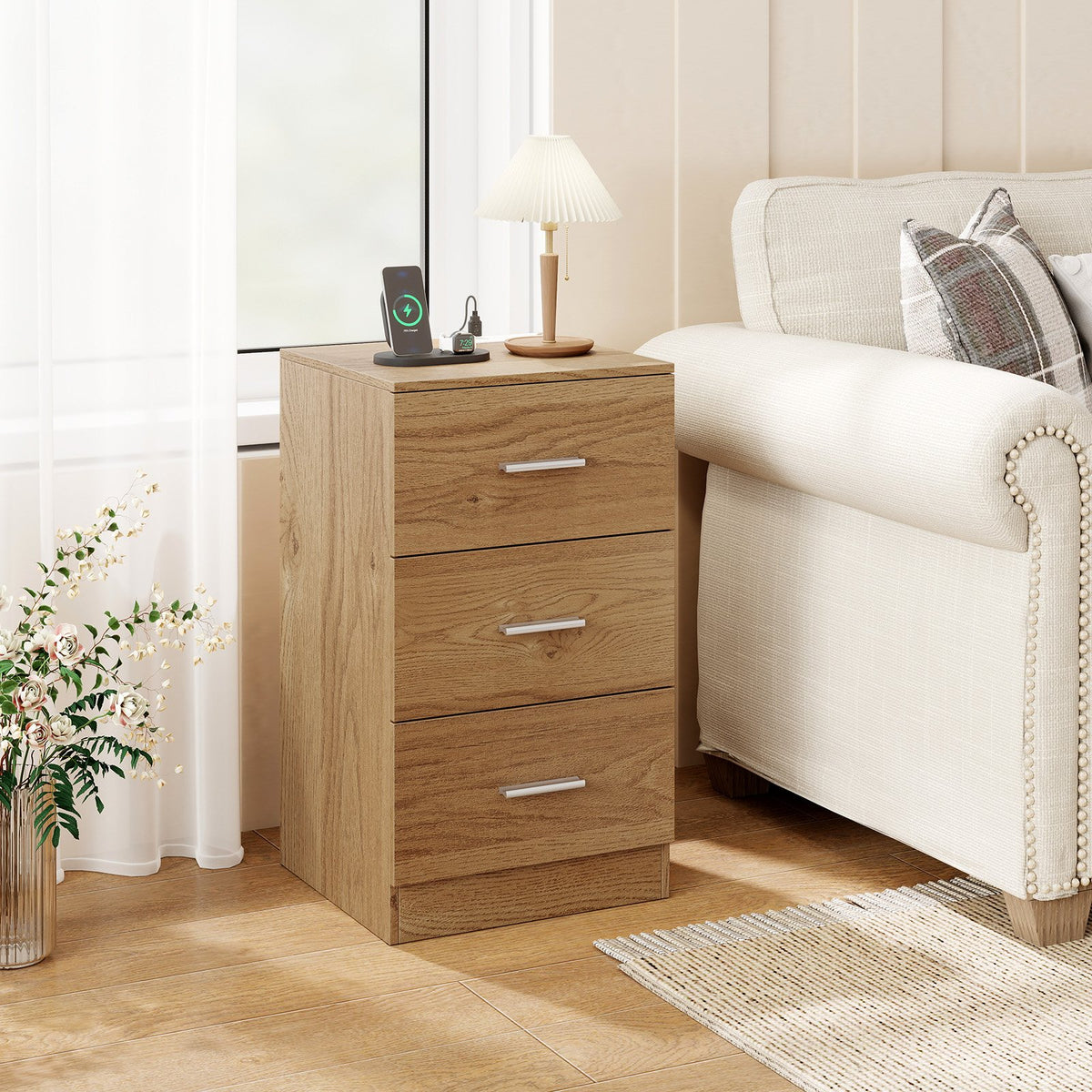 Nightstand with Charging Station End Table with 3 Storage Drawers Bedside Table for Bedroom-Natural view 2