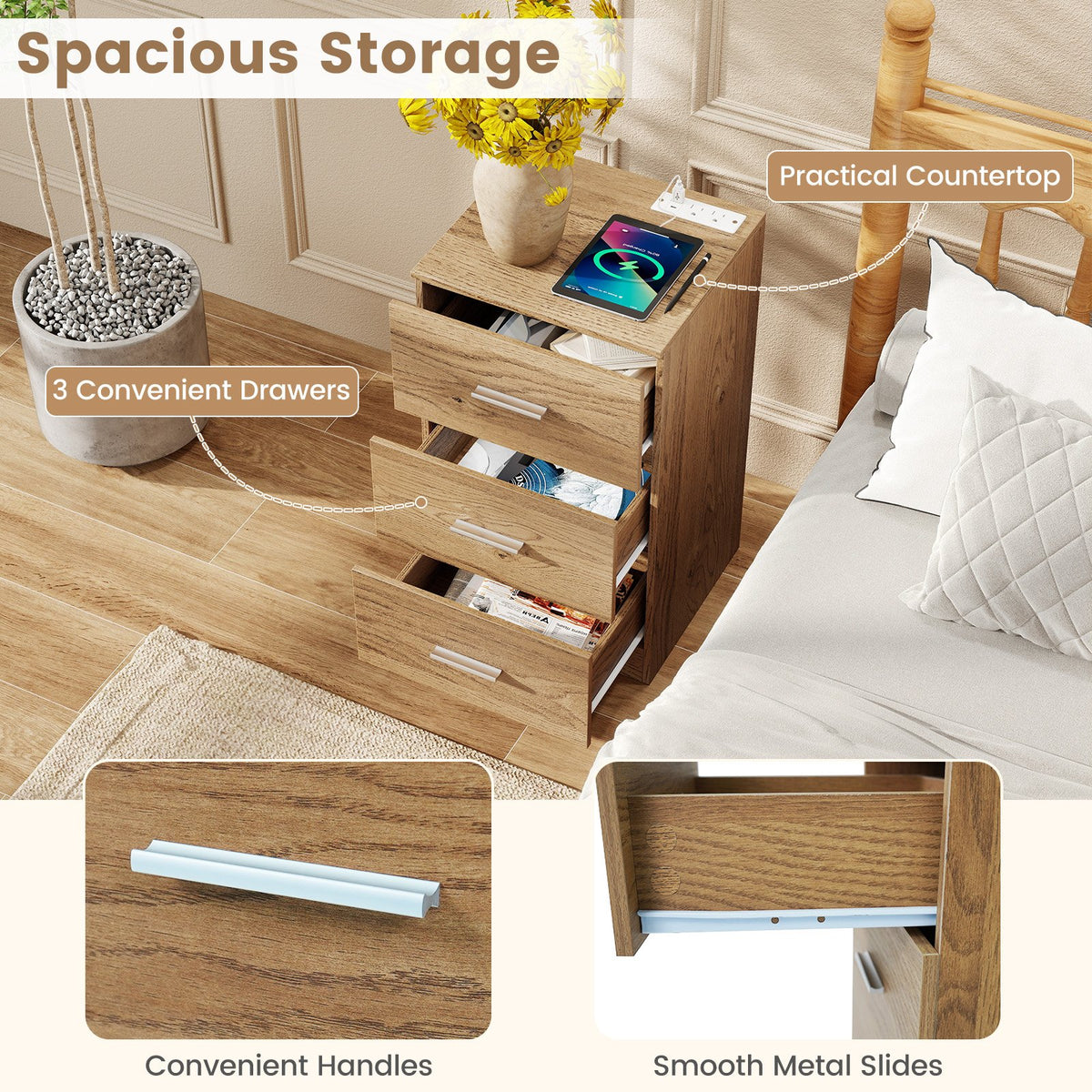 Nightstand with Charging Station End Table with 3 Storage Drawers Bedside Table for Bedroom-Natural view 7
