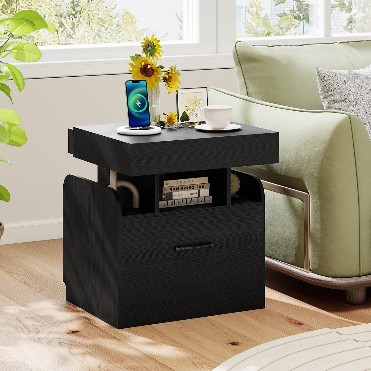 Nightstand with Charging Station Modern Bedside Table for Living Room Bedroom Office-Black view 2