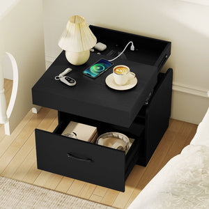 Nightstand with Charging Station Modern Bedside Table for Living Room Bedroom Office-Black view 3