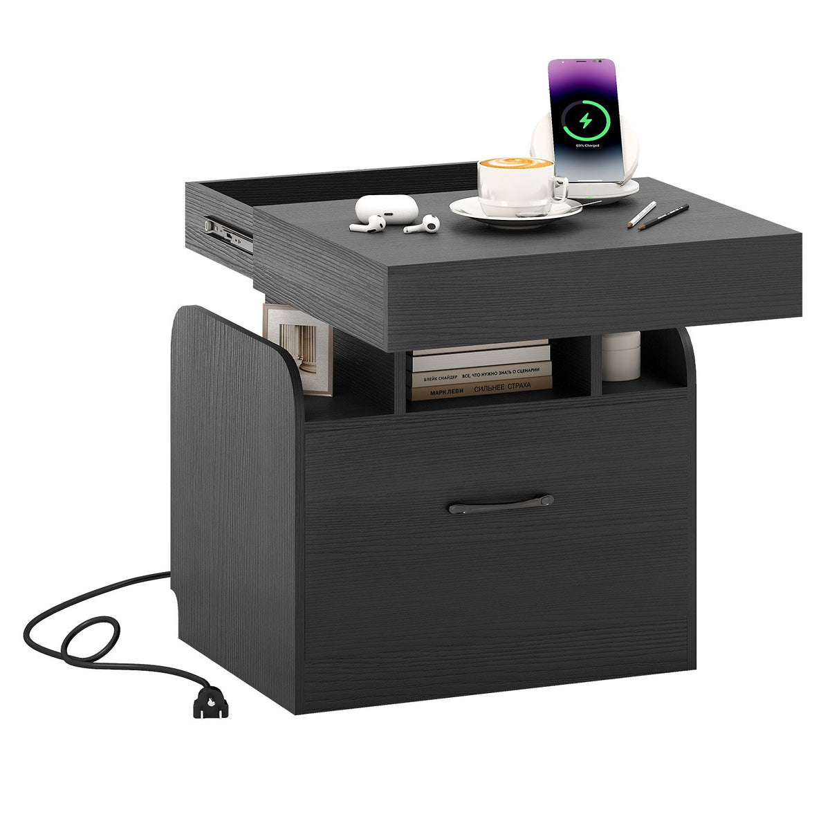 Nightstand with Charging Station Modern Bedside Table for Living Room Bedroom Office-Black view 4