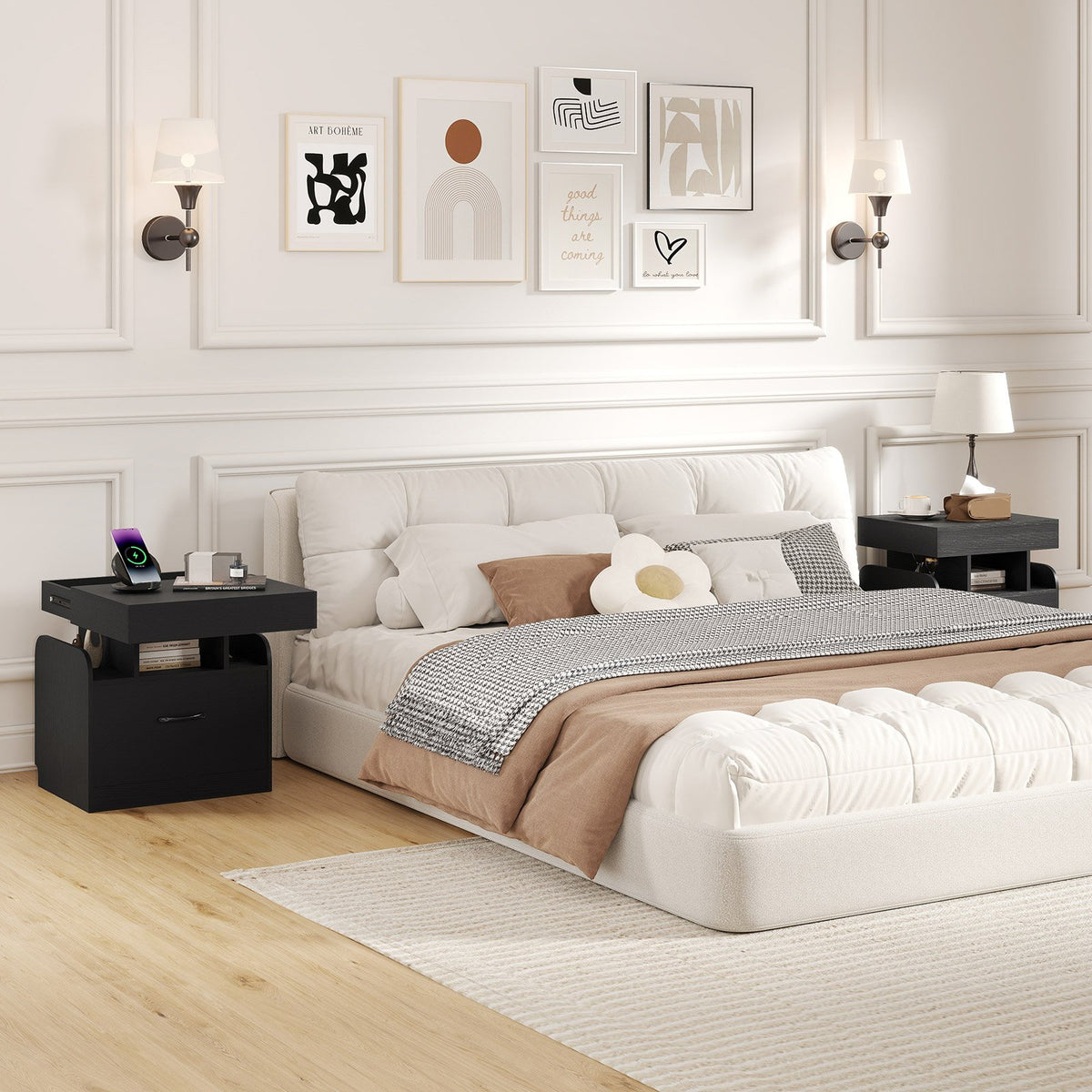Nightstand with Charging Station Modern Bedside Table for Living Room Bedroom Office-Black view 6