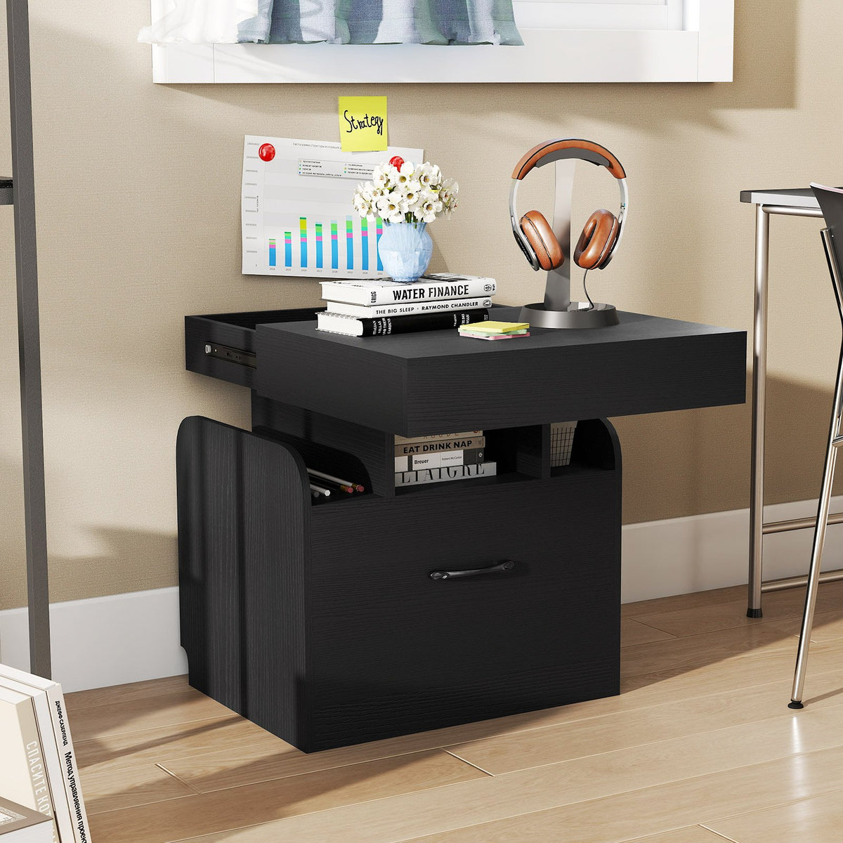 Nightstand with Charging Station Modern Bedside Table for Living Room Bedroom Office-Black view 7
